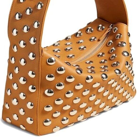 NEW Tan Faux Leather Shoulder Bag With Silver Studs - Picture 5 of 10